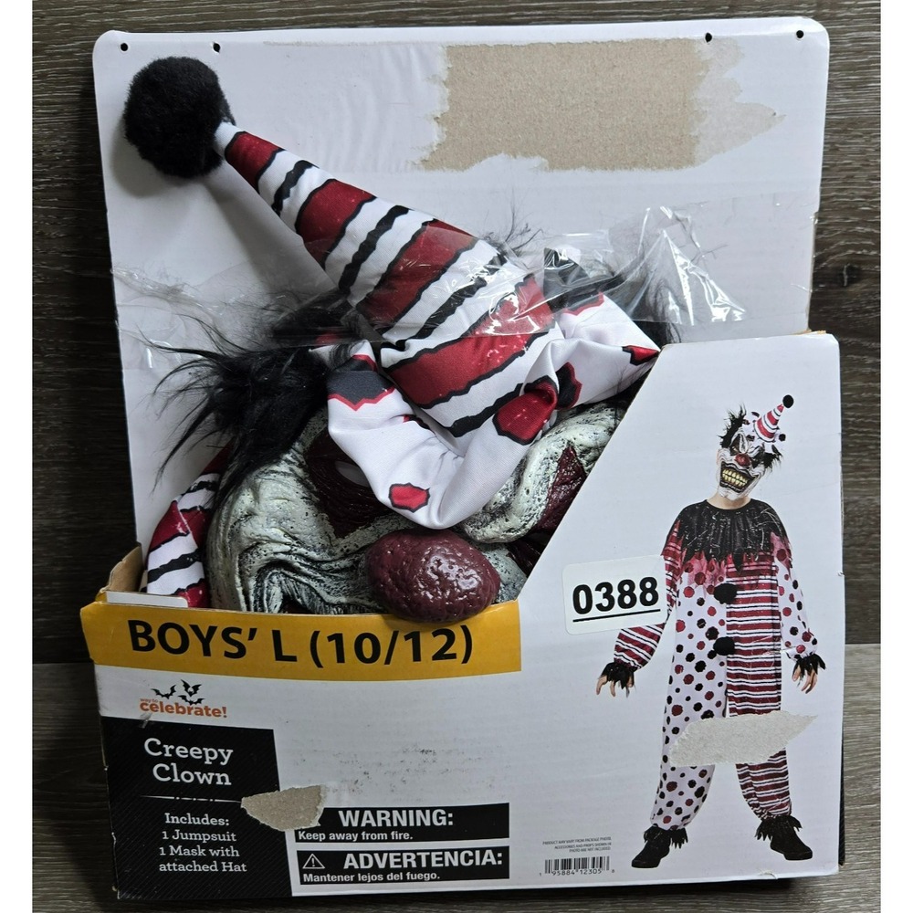 Creepy Clown Boys Halloween Costume Size L 10/12 Mask Jumpsuit Way to Celebrate